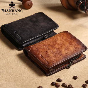 กระเป๋าสตางค์ผู้ชายหรูหรามีซิปใหม่ขายดีสไตล์วินเทจชั้นแรกกระเป๋าสตางค์หนังวัวสามพับธุรกิจคลาสสิก