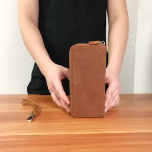 Mens Crazy Horse Leather Long Wallet Genuine Leather Double Zip Wallet Multiple Card Slots Cowhide Clutch Large Capacity Mobile Phone Bag