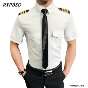 Men white pilot uniform shirt short sleeve slim fit lightweight summer Aviation dress shirt men Captain office cosplay clothes