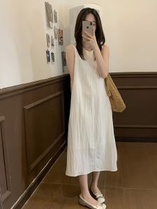 XIAOQIAOJIA | ชุดเดรสแขนกุดสีขาวสไตล์ฝรั่งเศส ชุดเดรสยาวทรงเอเอวสูงสำหรับผู้หญิงในฤดูร้อน ชุดเดรสยาวคลุมเข่าสไตล์เกาหลี