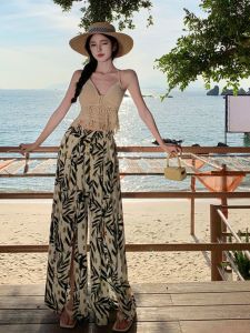 Ink Painting Leaves Chiffon Loose Pants Split High Waist Slimming Pants Pants Sun Protection Xishuangbanna Dai Skirt