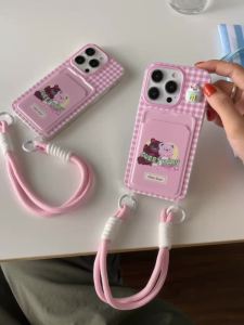 Cute cartoon bear pink checkered card case phone case for iPhone 11 12 13 14 15 16 Pro Max Plus casing TPU protective sleeve with hanging rope for iPhone13 case