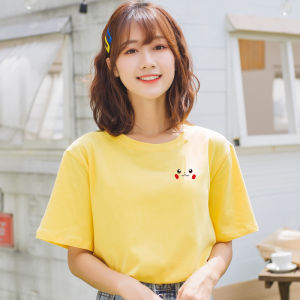 Yellow Loose Fit Cotton Short Sleeve Womens T-Shirt Summer New Style Cartoon Print Half Sleeve Trendy INS round Neck Top