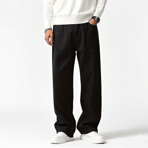 Autumn Mens Loose Straight Jeans Cotton Soft Drape Business Casual Trousers Classic Daily Pure Black Brand Baggy Denim Pants
