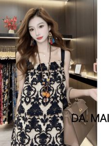 Summer 2026 New Chinese Style Sateen Material Luxury Loose Midi Length Print Sleeveless Elegant Skirt Strapless One Piece Dress