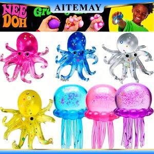 Aitemay NeeDoh Funny Slime Octopus Doll Squeeze Toy Colorful Cute Soft Squish Sensory Cube Office Relaxation Stress Relief Toys Holiday Gifts