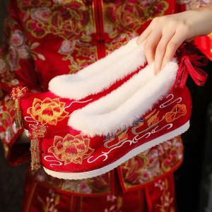 Chinese Style Wedding Shoes Embroidered Red Pearl Cotton Yandang Womens Traditional Hanfu Shoes round Toe mid Heel Cotton Lined
