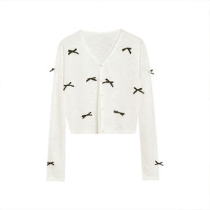 Chen DaYu Womens Thin Butterfly Knot Top Summer Tank Dress Outer Knitted Cardigan Ice Silk Sun Protection Coat Korean Style Loose Fit Long Sleeve V-Neck Short Length Button Detail