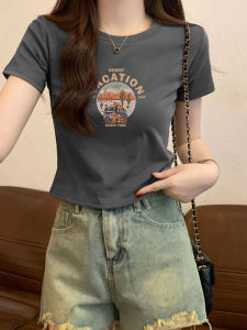 American Cotton Short Sleeve T-Shirt Women Summer New Design Slim Fit Waist Cinch Henry Shirt Short Top Korean Style Commute