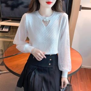 Spring 2025 Womens Lace Sleeve Splicing Hollow out round Neck Knitwear Fashionable Design Loose Fit Long Sleeve Solid Color