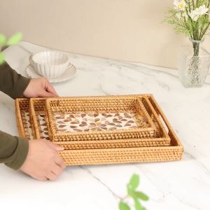 ถาดขนมปัง ถาดเปลือกหอย รูปสี่เหลี่ยม สไตล์ฝรั่งโดยย่อ ถาดหวายเสิร์ฟอาหาร ถาดหอยธรรมชาติ  ถาดเวียดนาม สำหรับโรงแรมและร้านอาหารฝรั่ง