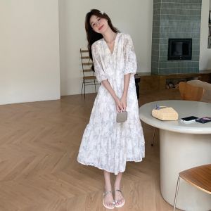 French Butterfly Floral Dress Womens Summer New Gentle Style Fairy Skirt V-neck White Long Dress Soft Elegant A-line Silhouette