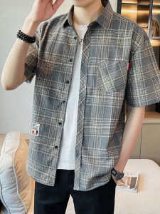Short Sleeve Shirt Mens Hong Kong Style Summer New Plaid Versatile Fashionable Trendy Outerwear Youth Polyester Cotton Blend