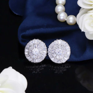 SEQUITO Classic Round Stud Earrings Paved Setting Sparkling White Blue AAA Cubic Zirconia Crystal Simple Style Female Silver Color Daily Wear Jewelry for Lady Girls SE703