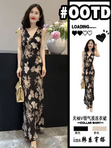 Váy Vest Dài Cổ Chữ V Kiểu Pháp Cho Nữ Mùa Hè 2025 Mới Không Tay Váy Sơ Mi Họa Tiết Hoa Váy Dài Thanh Lịch Váy Công Sở