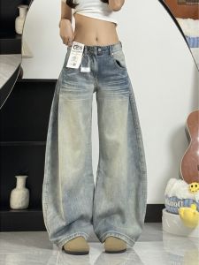 Quần Jeans Denim Ống Rộng Cạp Cao Kiểu Dáng Rộng Rãi Phong Cách Mỹ Cổ Điển Cho Nữ Thu Đông Có Lót Lông Cừu Quần Dài Đến Sàn