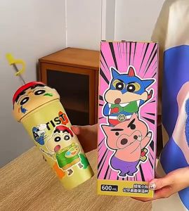 Crayon Shinchan 600ML Stainless Steel Tumbler with Cute Animal Lid - Anime Cartoon Water Bottle