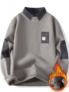 ROMON | Lormen Mens Faux Two-Piece Knitwear Shirt Collar Fleece Lined Thick Warm Inner Wear Casual Long Sleeve Polyester Fiber