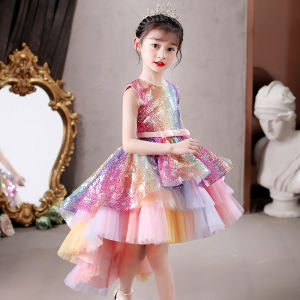 Colorful Princess Skirt for Girls Rainbow Sequins Puffy Skirt Performance Dress Childrens Clothing Baby Clothes Parent-Child Clothes