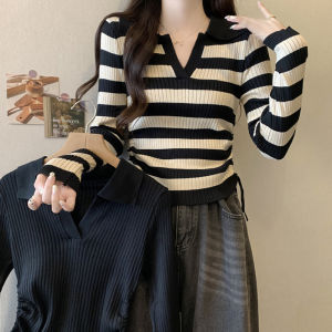 Plus Size Womens Clothing for Fat Sister Self-Retention Recommend ~ Stylish Drawstring V-neck Waist-Controlled Slimming Stripes Long Sleeves T-Shirt Women