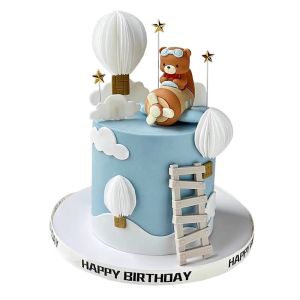 Cartoon Pilot Bear Cake Topper Aviation Theme with Stars Balloons for Happy 1st Birthday Party Baby Shower Decor