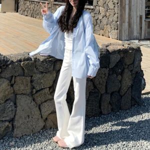 Quần Jeans Denim Ống Loe Ôm Vừa Vặn Cạp Cao Màu Trắng Cho Nữ Cao 175 Cm Quần Dài Đến Sàn Co Giãn Thường Ngày