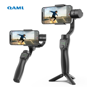 QAML F8 2025 3-axis phone gimbal anti-shake wireless remote USB-C charging fits iPhone/Xiaomi/action cams compact black.