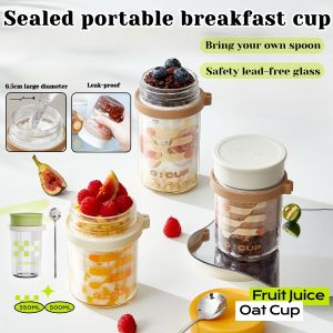 Portable Breakfast Cup Graduated Glass Jar Oatmeal Cup with Lid and Spoon Sealed Oatmeal Cups