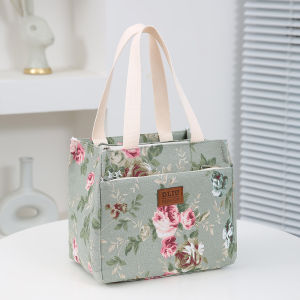 Aesthetic Floral Print Lunch Bag Insulated Large Capacity Bento Bag Thermal Cooler Handbag For School Work Travel & Picnic