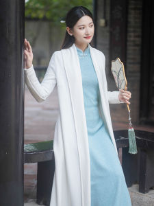 Autumn Winter Long White Womens Jacket Outerwear Traditional Chinese Style Hanfu Tang Suit Chán Yi Tea Clothes Cheongsam Outerwear