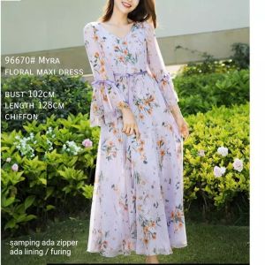 96630 Phyllida - 96660 Thalita - 96670 Myra Maxi dress Lengan Panjang bunga sifon import vintage retro Maxi Dress Floral Flower