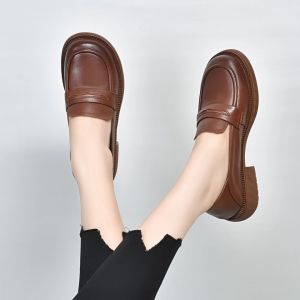 Comfortable round Toe Cowhide Leather Single Shoes Spring Season Versatile British Style Womens Footwear Low Heel Fashionable Flats