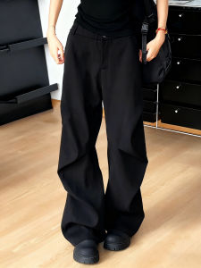 Black Pleated Bell Bottom Mens Pants Autumn High Waist Straight Leg Drapey Floor Length Wide Leg Trousers American Style