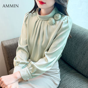 Ammin 2023 mới mùa thu pháp ánh sáng dài tay màu xanh lá đi lại màu trơn OL Áo voan phiên bản Hàn Quốc cho nữ phong cách thanh lịch trí tuệ hoa khâu Vòng cổ đơn giản áo blouse thanh lịch