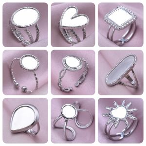 5pcs Brief Metal High Quality Silver Color No Fading Ring Opening Adjustable Geometry Sun Square Blank Base Finger Accessories