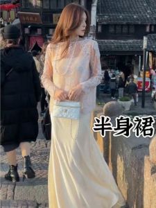 French Elegant Long Sleeve Lace Hollow out Top with Skirt Panel Asymmetrical Spring Summer New Style Womens Commute Loose Fit