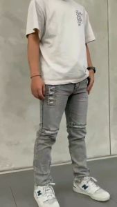 Celana Jeans Pria Panjang Slimfit Sobek Lutut Robek Ripped Dengkul Light Sandwash Grey Premium Distro