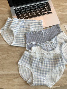 Pure Cotton Plaid Underwear Sweet Breathable Triangle Panties for Girls Antibacterial mid Waist Short Pants Home Comfortable