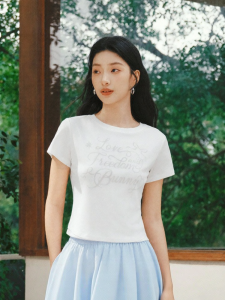 Semir | Sweet Printed Patchwork Lace Short Sleeve Short Style Fitted T-Shirt