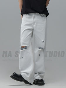 White Washed Ripped Denim Jeans Mens Spring 2025 New Straight Loose Slimming Casual Long Pants mid Waist Cotton Polyester Blend