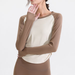 Luoke yoga top for women New pleated contrast color gym clothes long-sleeved quick-drying running top rope skipping training sports blouse fitness suit women