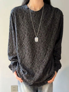 เสื้อยืดแขนยาวผู้ชาย ทรงหลวม ทรงอเมริกัน สไตล์ฤดูใบไม้ร่วง ลายย้อมสีแบบติดกาว ลายหน้าม้า ทรงปกติ คอกลม