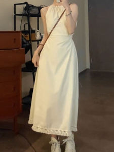 Summer New White Hanging Neck Draped Feel Beach Holiday Sand Long Dress Womens Backless Cotton A-Line Midi Skirt Dress