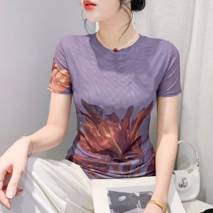 YIMEI เสื้อพิมพ์ลายของผู้หญิงที่สง่างาม2024เข้ารูปพอดีเสื้อแขนสั้นสำหรับหน้าร้อนใหม่บวกเสื้อยืดผ้าตาข่ายคอกลม