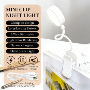 Mini LED Clip On Book Light Portable Reading Light USB Rechargeable 3 Color Eye Protection Stepless Dimmable Mini Desk Lamp
