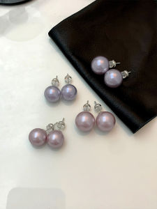 ต่างหูไข่มุกรูปดอกกุหลาบเงินแท้สำหรับผู้หญิง ทรงกลม เครื่องประดับแฟชั่นสุดเก๋ ต่างหูแบบอวกาศสีม่วง