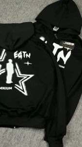 Hoodie Boxy Zipper Pullover Y2K Art Hitam Rockstar