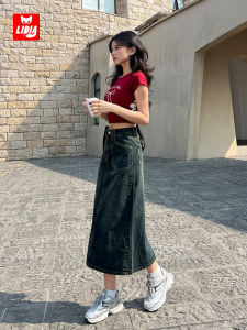 High Waist Distressed Button Zipper-pocket A-Line Midi Skirt Womens Skinny Fit Denim Half-length Varying Seasons