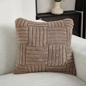 Topstar Tufted Fluffy Throw Pillow Case 16X16 inch Solid Color Sofa Cushion Cover Stripe Design Home Decoration
