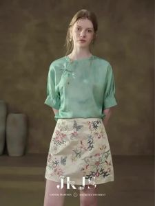 JK&JS | Silk Golden Skinned Short Sleeve Shirt Jacket Womens New Chinese Style 24 Momme